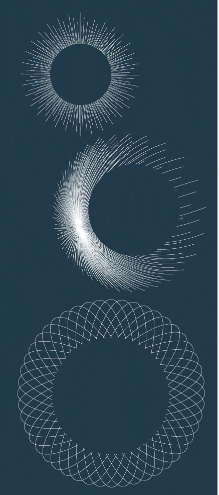 Three intricate, circular geometric patterns in white on a dark background.