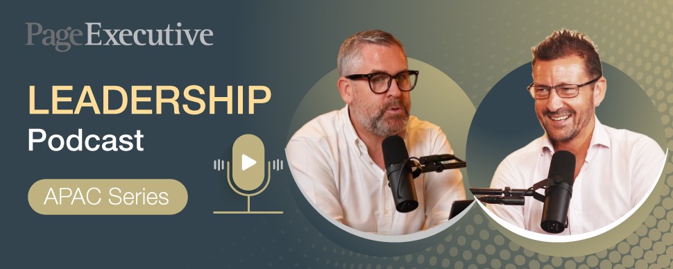 PageExecutive Leadership Podcast APAC Series promotional banner with two speakers using microphones.