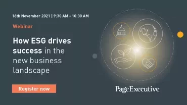 Webinar on ESG's role in modern business, featuring icons and PageExecutive logo.