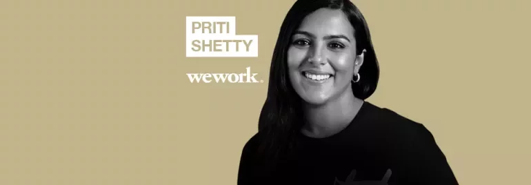 A person smiling with the text 'Priti Shetty, wework' on a beige background.