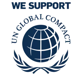 Logo reading 'We Support UN Global Compact' with a globe and olive branches.