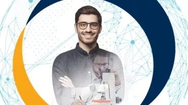 Person smiling with arms crossed and an overlay of them using a microscope, abstract network background.
