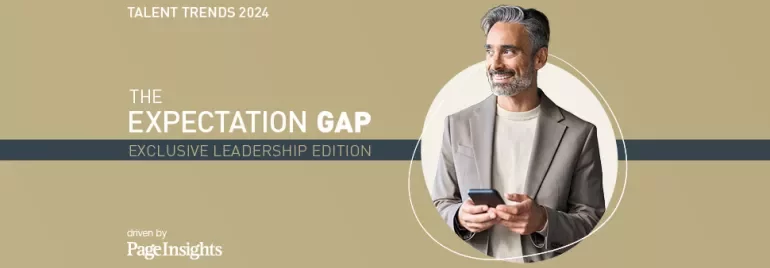 Man with gray hair holding a phone, smiling, alongside text 'The Expectation Gap: Exclusive Leadership Edition'.