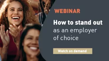 Smiling individuals at a webinar titled 'How to stand out as an employer of choice.'